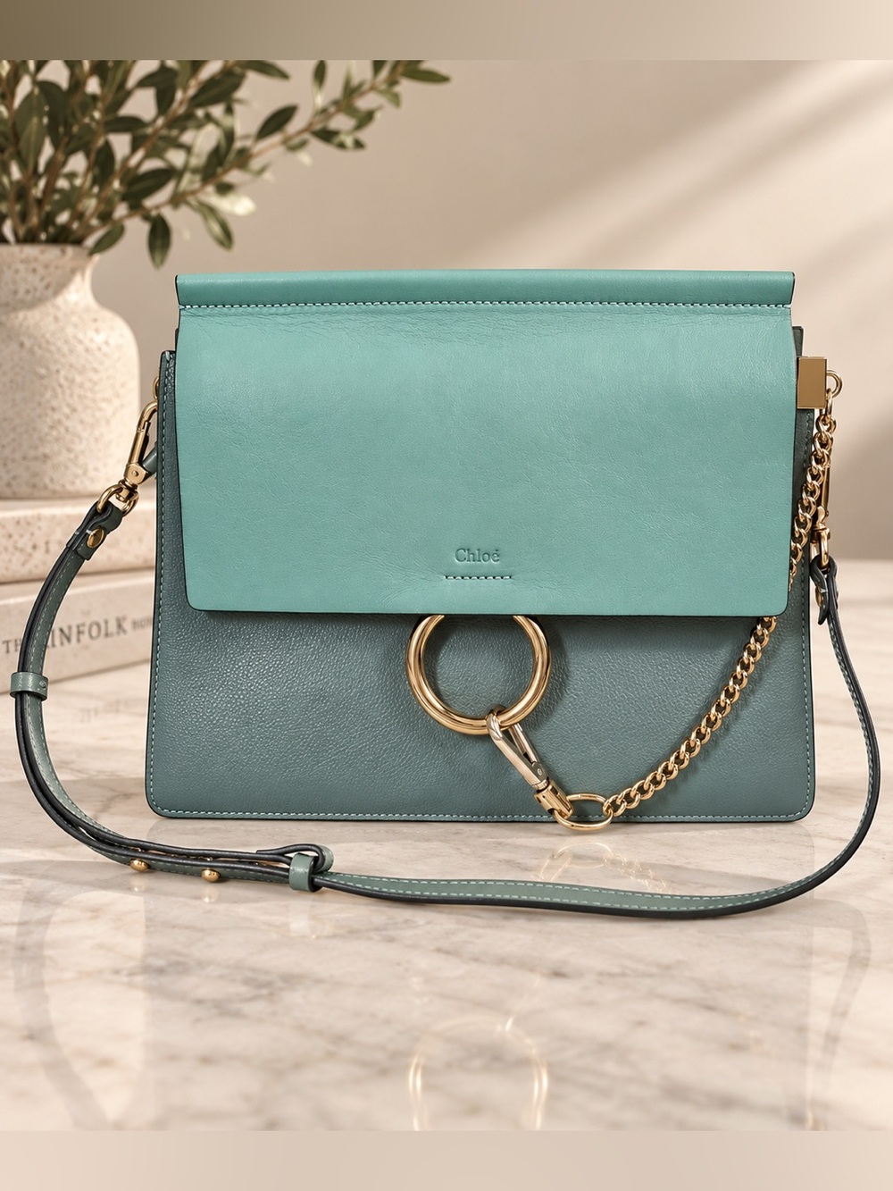 Chloé Two-Tone Aqua and Gray Faye Shoulder Bag with Gold Ring